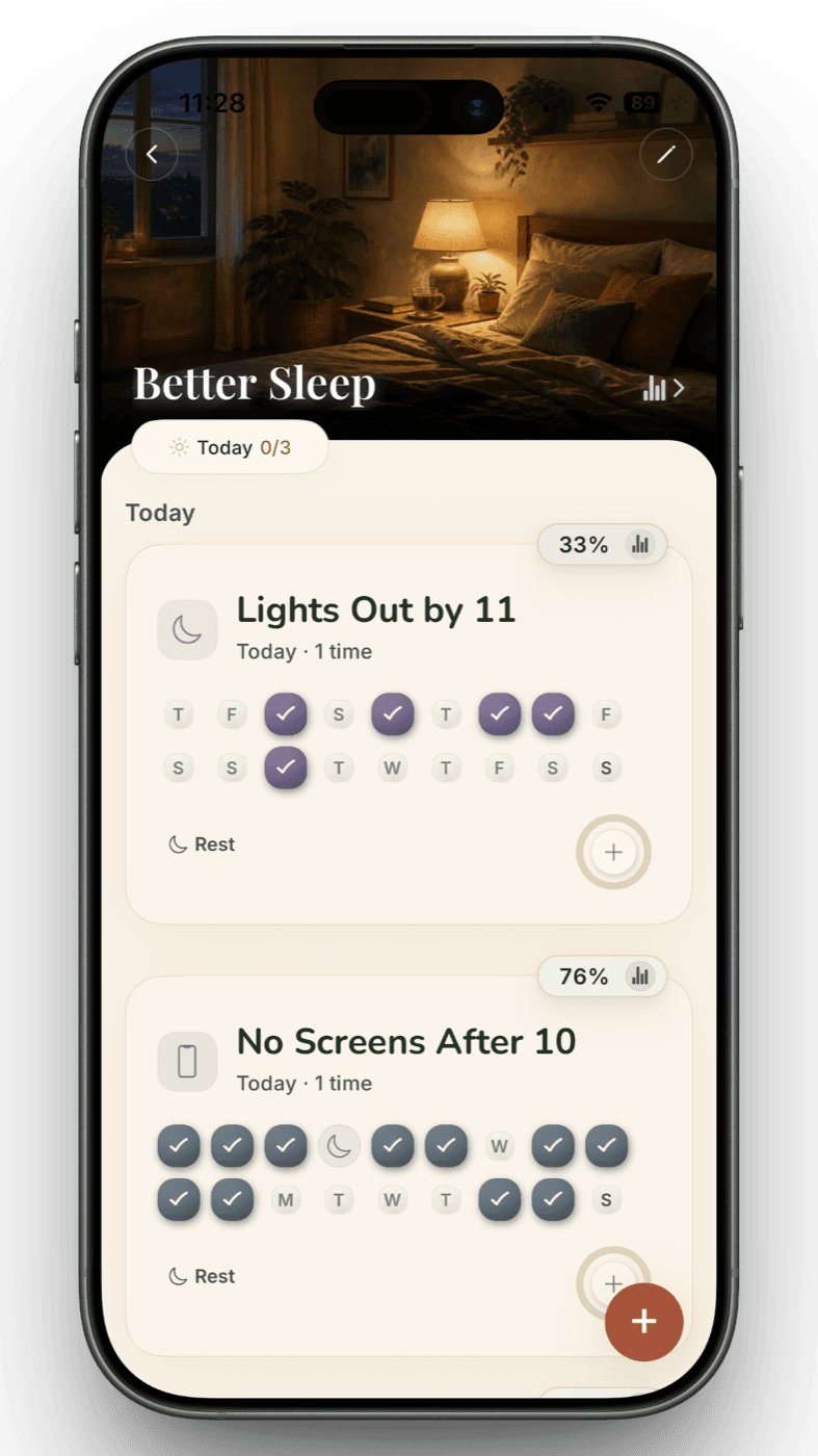 Espaço Better Sleep do Sona com cartões de hábitos em um iPhone.